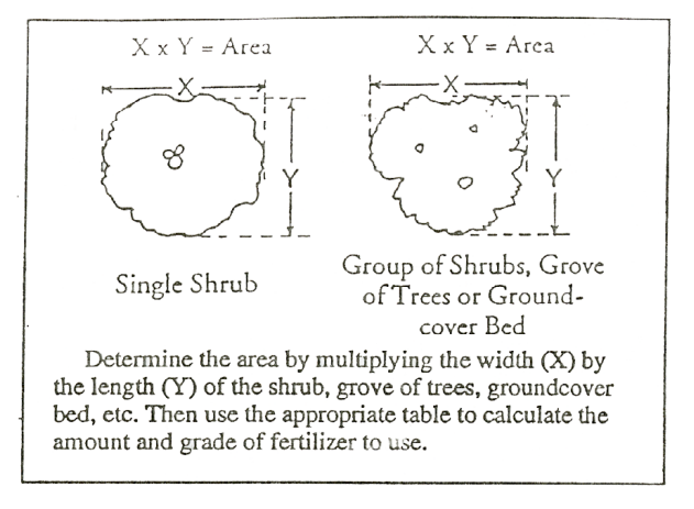 Measuring amount of area covered by plants to determine the amount of fertilizer to use - Determine the area by multiplying the width by length of the shrub, tree grove, or groundcover bed, etc. Then use the appropriate table to calculate the amount and grade of fertilizer to use
