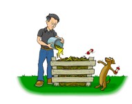 Man and dog adding to compost pile - graphic