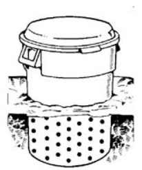 Drawing - plastic garbage bin half in the ground with holes drilled in lower half